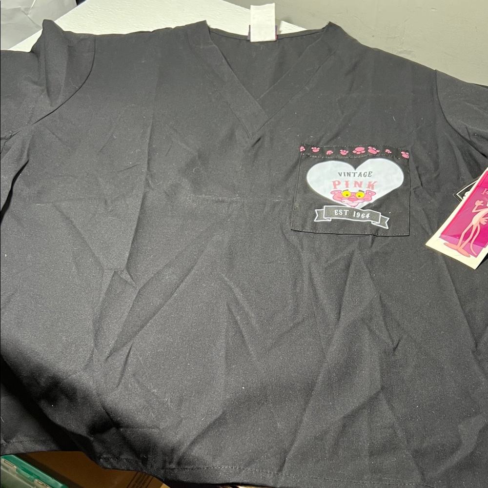 NEW Pink Panther Black V-Neck ScrubTop with Vintage Pink Logo